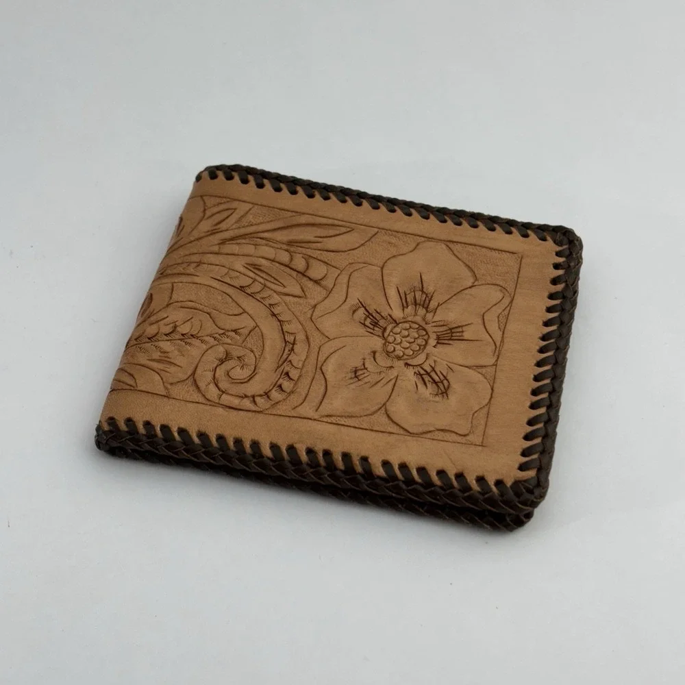 VTG‎ Tooled Leather Western Whip Stitch Men's Wallet Hand Crafted Bifold Brown